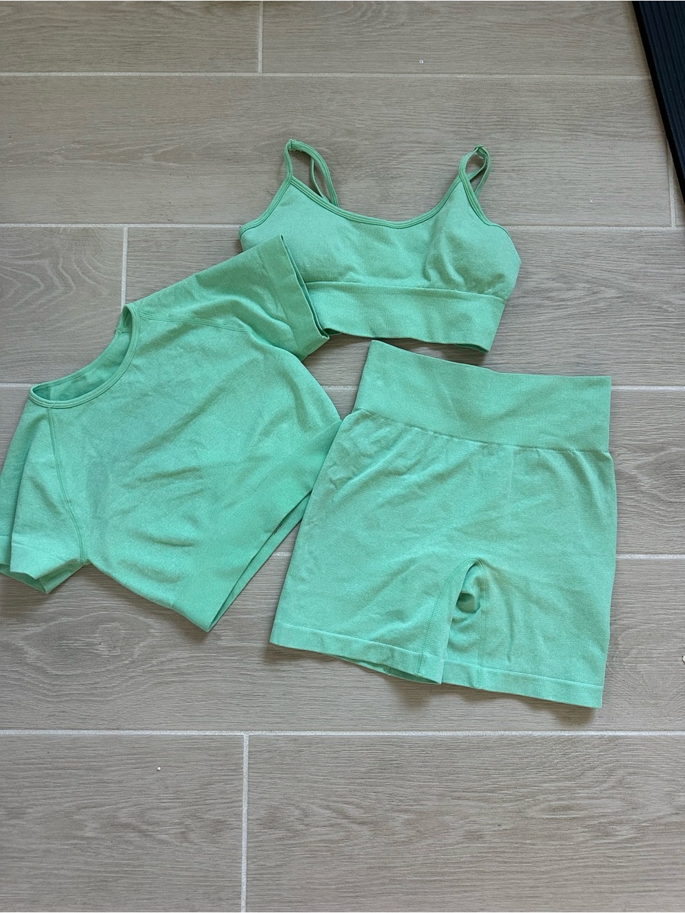 3-Piece Mint Green Active Set - Cropped Tee, Sports Bra & Bike Shorts